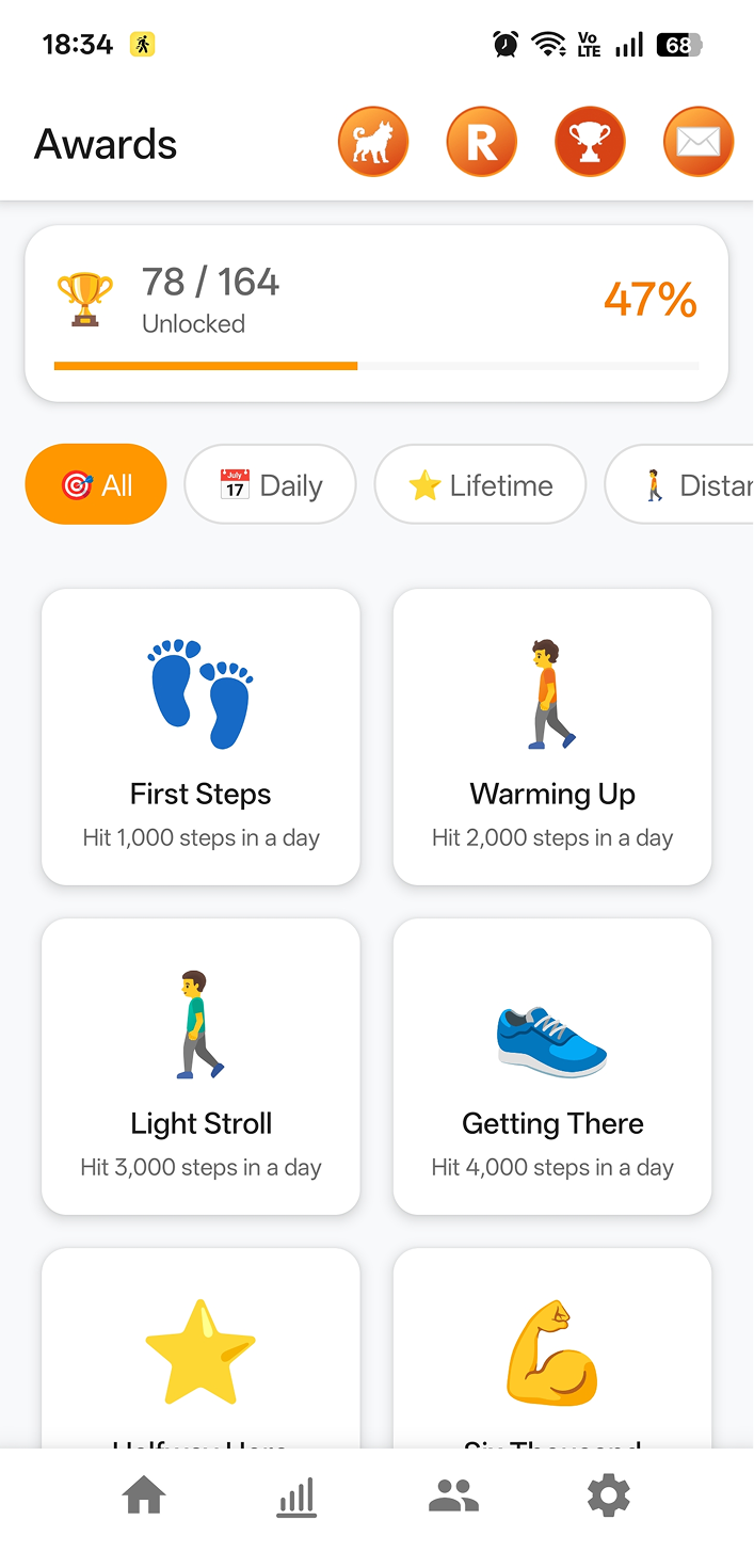 StepMax achievements screen with 164 unlockable walking badges