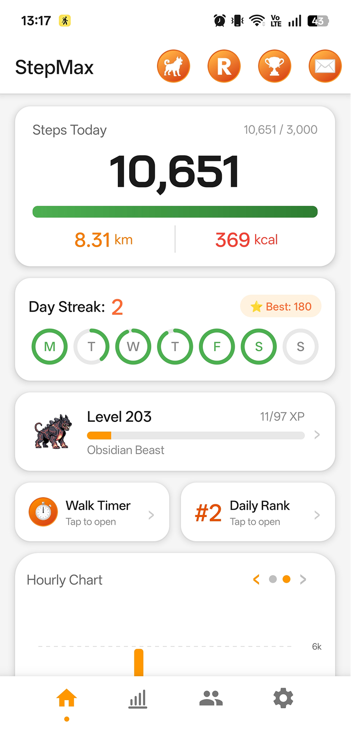 StepMax home screen with daily step goal ring and streak counter