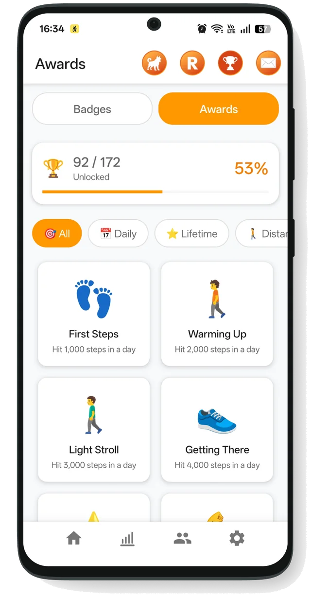 StepMax achievements screen with unlockable badges