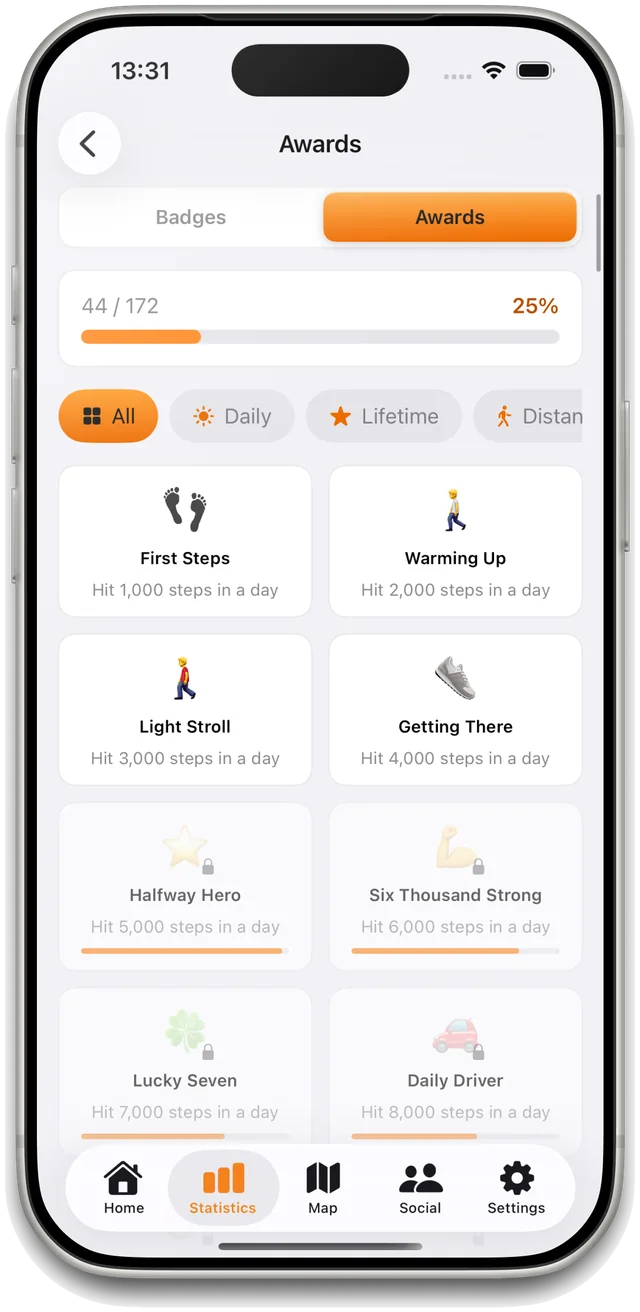 StepMax achievements screen with unlockable badges