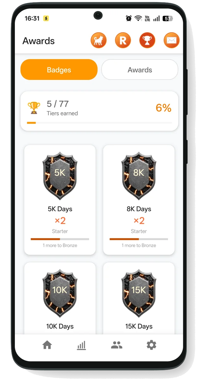 StepMax daily step badges showing tier progress from Starter to Bronze