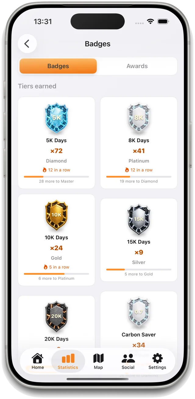 StepMax daily step badges showing tier progress from Starter to Bronze