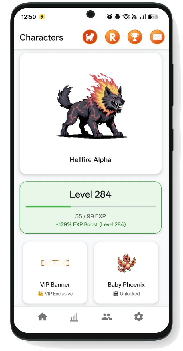 StepMax characters screen showing Hellfire Alpha companion and level progress