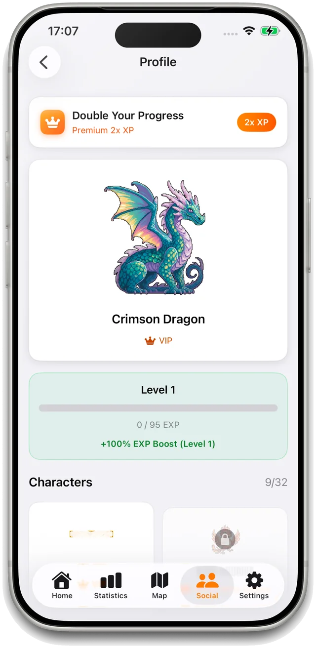 StepMax characters screen showing Hellfire Alpha companion and level progress