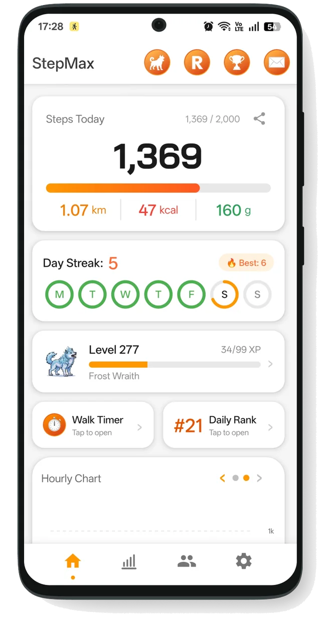 StepMax home screen showing daily steps, streak and character level