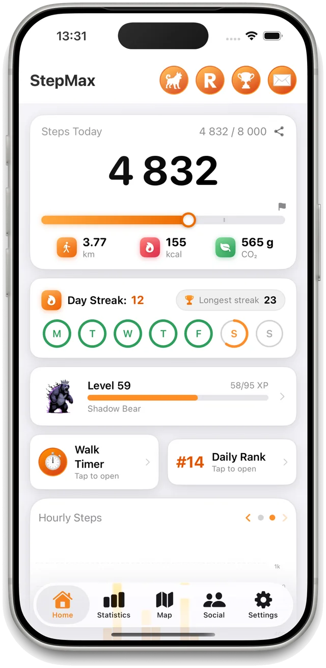 StepMax home screen showing daily steps, streak and character level