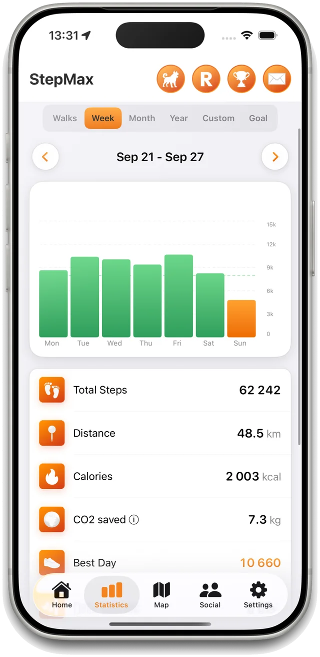 StepMax statistics screen with monthly step chart