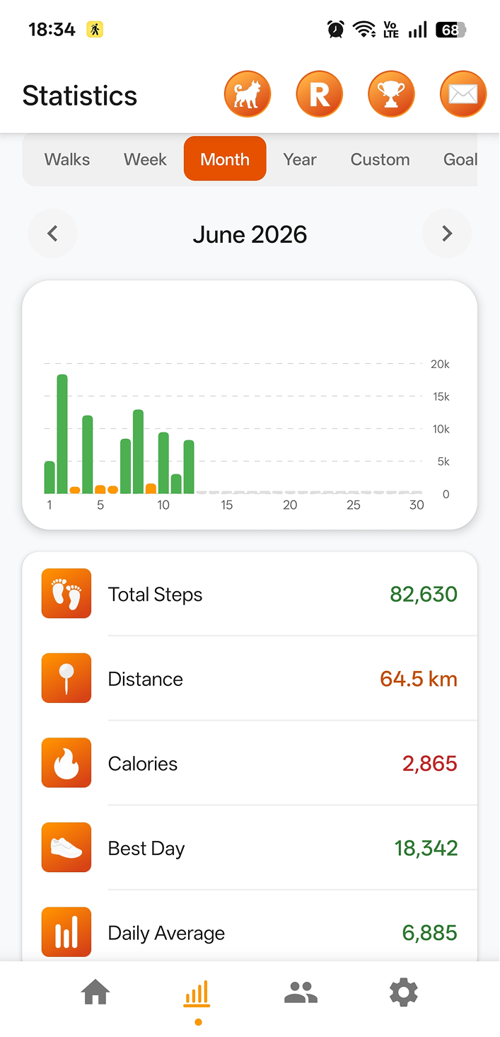StepMax statistics with daily, weekly, monthly and yearly step charts